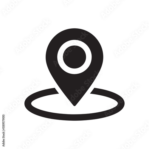 Black and White Illustration of a Location Pin Icon Hovering over a Circular Area Marker for Geographical Awareness and Mapping