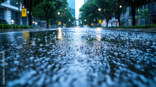 Fototapeta Naklejka Na Ścianę i Meble -  Climate Change A flooded city street after heavy rainfall, highlighting extreme weather conditions.