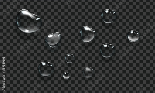 Vector water drop, drops, droplets. PNG drops, condensation on glass, on various surfaces. Realistic drops on a transparent background. Rain and dew.