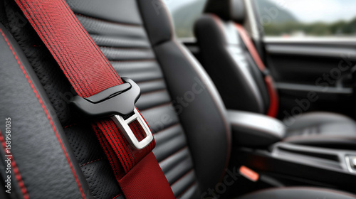 Close up view of a car seatbelt showcasing safety features and design elements in a modern vehicle interior