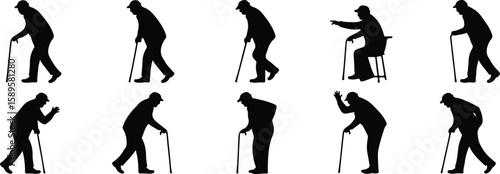 Old men silhouettes walking and sitting with canes set, bundle, vector, isolated on white background, cutout, png, clipping path, transparent, image, download, 2025,2026 