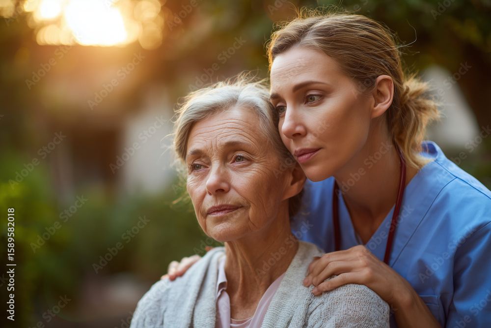 Fototapeta premium Compassionate nurse comforting elderly woman outdoors during a peaceful sunset moment