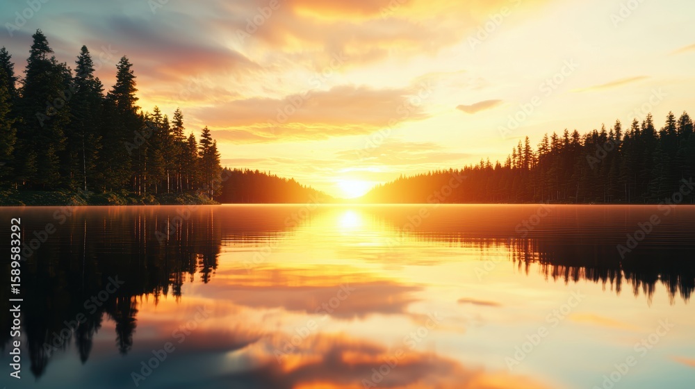 Fototapeta premium Scenery Calm lake reflecting a golden sunset with trees lining the shore.