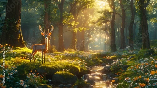 The tranquil forest is bathed in gentle golden sunlight