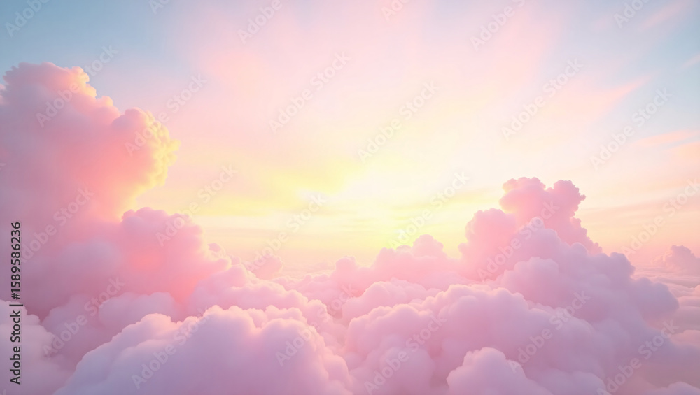 Fototapeta premium Fluffy pink clouds under a pastel sky with a glowing sun, creating a serene and dreamy atmosphere.