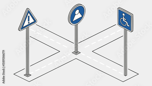 Road intersection with informational signs traffic warning