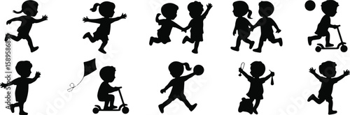 Children playing running jumping riding scooters flying kites and holding balls set, bundle, vector, isolated on white background, cutout, png, clipping path, transparent, image, download, 2025,2026