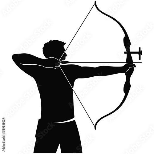 Silhouette of archer aiming bow vector isolated black and white sports design