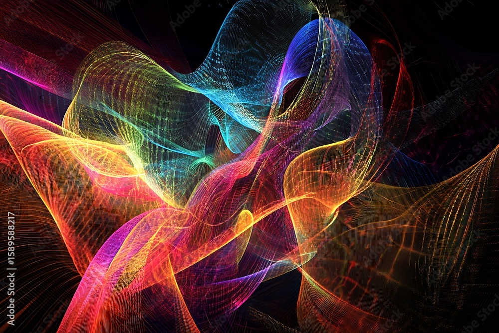 Fototapeta premium Abstract multicolored light painting with dynamic mesh and glowing threads on dark background