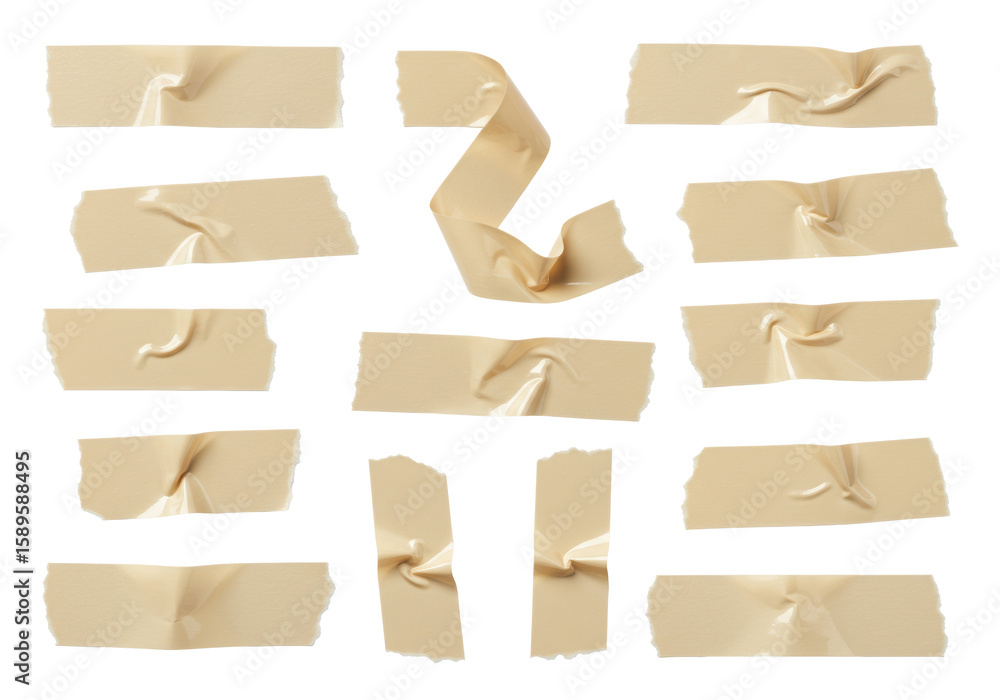 Fototapeta premium Twelve beige masking tape pieces, with torn, jagged, wrinkled, and crumpled textures, some curled, presented on a transparent background with copy space, in a shadowless, high-contrast studio