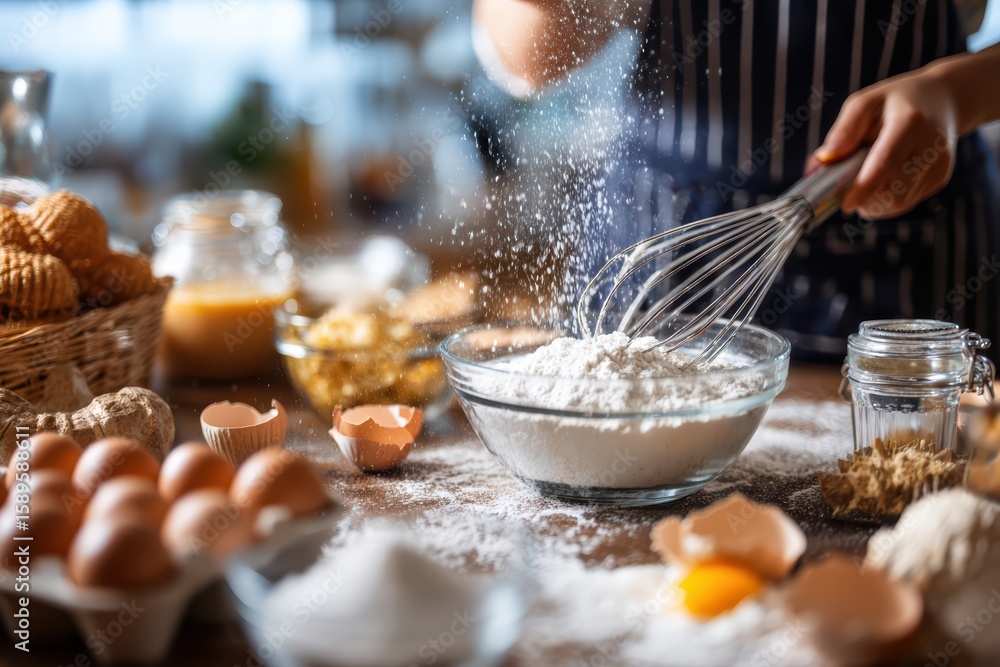 Fototapeta premium mixing bowl with whisk, eggs cracked, sugar and flour around