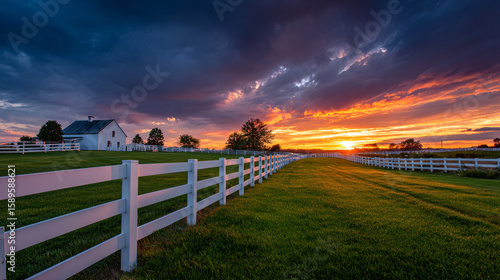Fototapeta Naklejka Na Ścianę i Meble -  Vibrant sunset over a picturesque countryside farm with a classic white fence and green pasture.