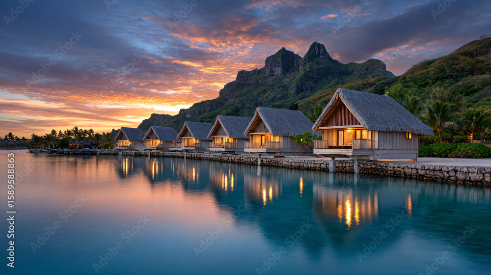 Fototapeta premium Serene Overwater Bungalows at Sunset Luxurious Tropical Escape with Mountain View