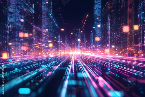 Abstract Digital Cityscape with Glowing Data Streams, Futuristic Technology and Innovation Concept