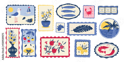 Set of tropical summer postage stamps. Vintage beach stickers in Italian style. Hand-drawn sailboat, sea, beach, olive, lemon, and tomato branches. Vector fashion illustration.