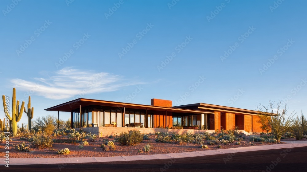 Obraz premium Modern desert house with large windows surrounded by cacti and arid landscape under blue sky