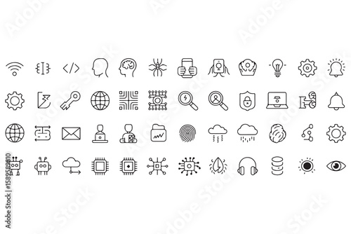 Technology and science icons including wifi brain code security and robots vector