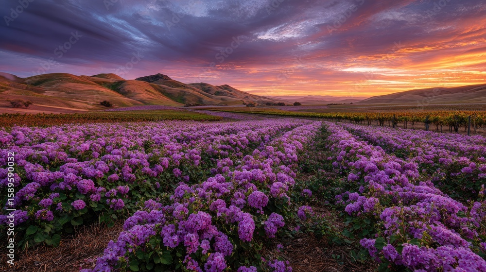 Fototapeta premium Vast purple flower field at sunrise over rolling hills