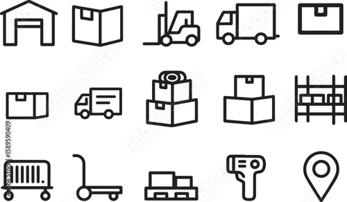 Collection of warehouse and logistics icons in a simple outline style