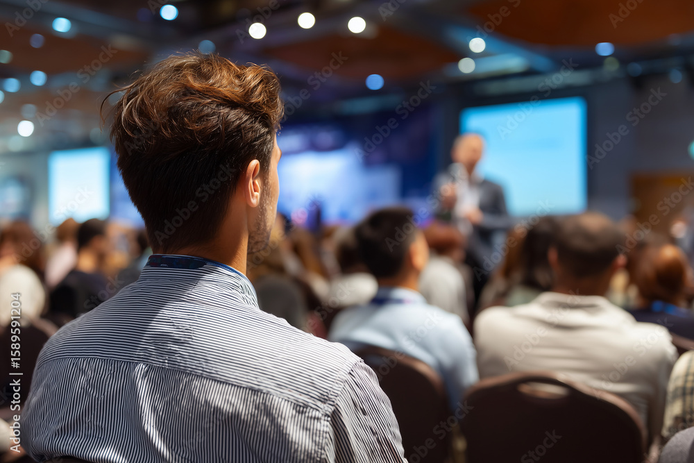 Fototapeta premium Attentive young man listening to a speaker during a conference or seminar in a modern event hall