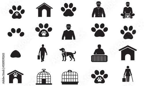 Collection of pet care and animal icons in a clean silhouette style