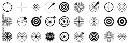 Vector collection of target icons including bullseye, crosshair, and aiming symbols designed for precision, accuracy, archery, shooting sports, navigation, and focus-related graphics

