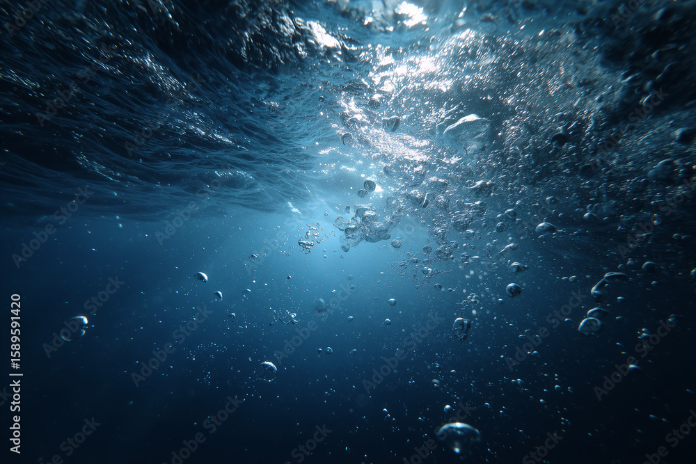 Obraz premium Underwater view showing rising air bubbles and sunlight penetrating the deep blue ocean water