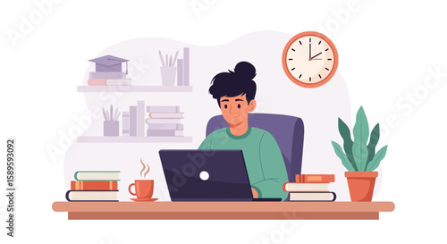 A young woman sits at a desk, working on a laptop in a home office setting, surrounded by books and other study materials.