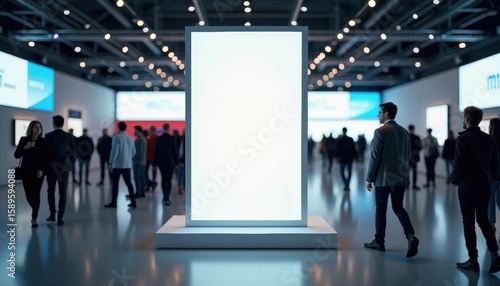 People walking in modern exhibition hall with empty display panel  