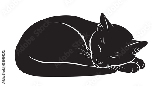 Sleeping Black Cat Silhouette, Vector Illustration