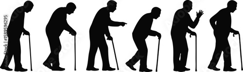 Elderly men silhouettes walking with canes set, bundle, vector, isolated on white background, cutout, png, clipping path, transparent, image, download, 2025,2026