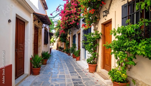 Fototapeta Naklejka Na Ścianę i Meble -  Narrow alleyway with bougainvillea