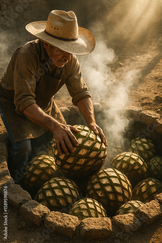 Man placing agave piñas into traditional underground oven for mezcal cooking