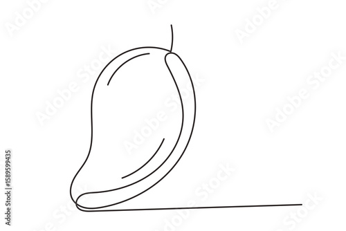 Line Art Exotic Mango Fruit. Outline Contour Drawing. Summer Tropical Resort Rest Vacation Symbol Silhouette Design. Curve Wavy Shape. Fresh Healthy Vitamin Ripe Vegetarian Food Harvest Sign