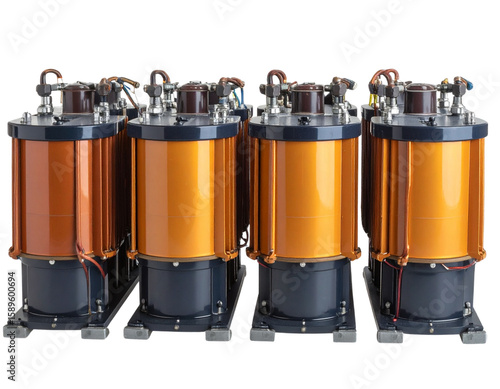 Set of Cast Resin Transformers in Upright Row, Front View with Terminal Details, Isolated on Transparent Background.