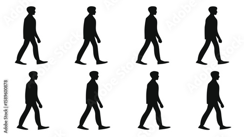 Eight Black Silhouettes of a Man Walking Cycle white background