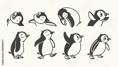 Eight Cartoon Penguin Silhouettes Gray Vector Icons
