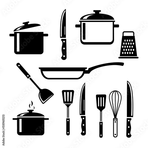 Vector art of assorted black and white kitchenware for cooking and food prep