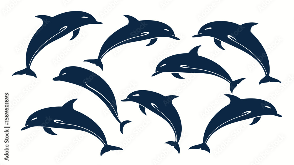 Naklejka premium Eight Dark Blue Dolphin Silhouettes Leaping White Background Vector Graphic