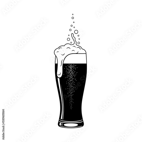 Vector art of a tall glass of dark beer with overflowing foam and bubbles