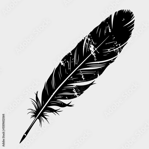 Feather Silhouette: An elegantly detailed, dark feather against a light backdrop, showcasing delicate textures and the beauty of avian design.