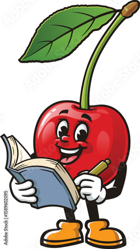 Cartoon character of cherry fruit holding a book