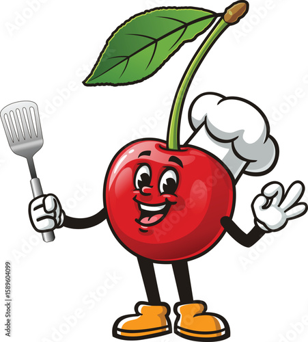 Cartoon character of a cherry holding a spatula and wearing a chef's hat