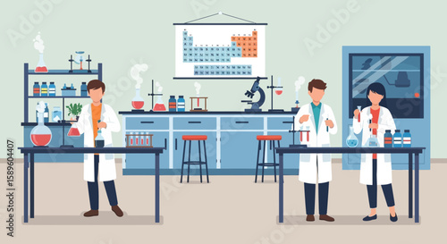 Three scientists in a laboratory setting, conducting experiments with beakers, test tubes, and other lab equipment.