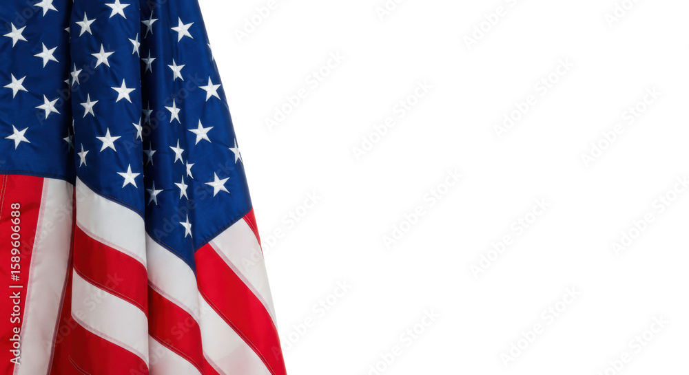 Fototapeta premium Vibrant american flag elegantly draped & subtly flowing on a pristine transparent seamless studio background with ample copy space right, bright even shadowless lighting, a high-angle photorealistic