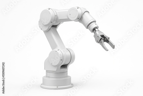A clean white industrial robotic arm with a gripper on a white background automation
