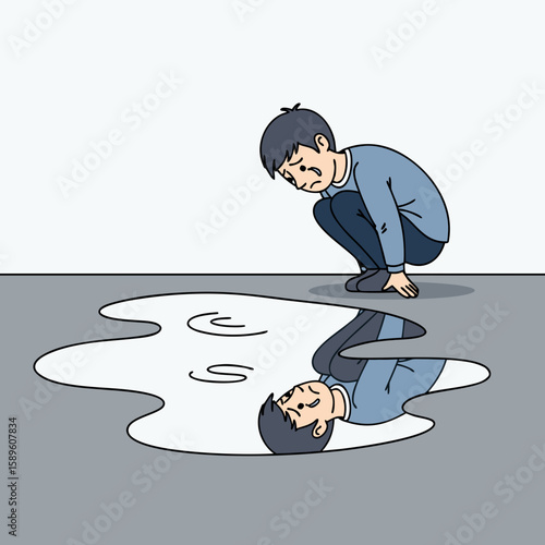 A metaphor for emotional despair and internal conflict. The person looks at their distorted, sad reflection in the puddle, expressing deep disappointment and despondency.