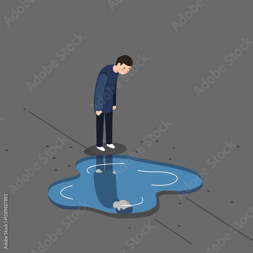 A metaphor for emotional despair and internal conflict. The person looks at their distorted, sad reflection in the puddle, expressing deep disappointment and despondency.