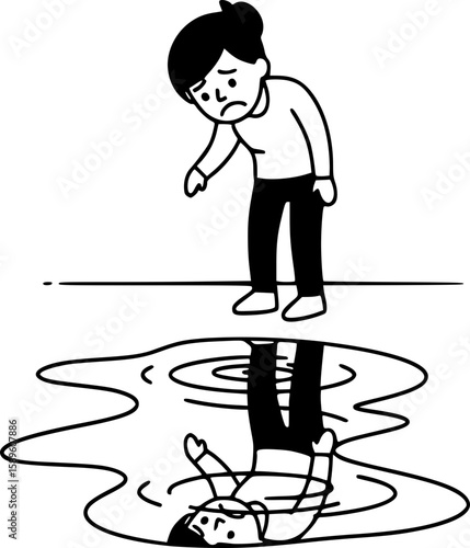 A metaphor for emotional despair and internal conflict. The person looks at their distorted, sad reflection in the puddle, expressing deep disappointment and despondency.