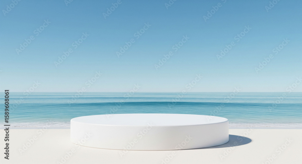 Glass podium display on water with transparent circular platform floating on calm blue surface. Crystal clear disc reflecting aqua environment. Minimalist product showcase for cosmetic presentation Glass podium display on water with transparent circular platform floating on calm blue surface. Crystal clear disc reflecting aqua environment. Minimalist product showcase for cosmetic presentation